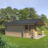 Dunkelgraues Pfannenblech auf einem Gartenhaus verbaut, Dachansicht