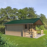 Pfannenblech 2/1060 Moosgrün auf einem Gartenhaus mit Vordach, Verlegung auf dem Dach