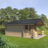 Verlegtes Pfannenblech Anthrazitgrau auf einem Gartenhaus aus Holz mit kleiner Veranda
