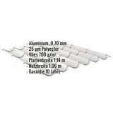 Pfannenblech Aluminium 0,70 mm Weißaluminium RAL 9006 mit Polyesterbeschichtung und Vlies, Eckdaten eingeblendet
