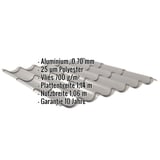 Pfannenblech Graualuminium mit eingeblendeten Eckdaten: Aluminium 0,70 mm, Polyester 25 µm, Vlies 700 g/m², Plattenbreite