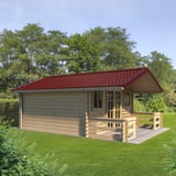 Pfannenblech 2/1060 weinrot auf einem Gartenhaus mit Terrasse, Verlegung am Dach