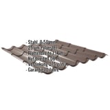Pfannenblech 2/1060 Sepiabraun, 0,50 mm Stahl, mit eingeblendeten Eckdaten zu Material und Massen