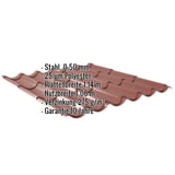 Pfannenblech 2/1060 rotbraun, Stahl 0,50 mm, Polyester 25 µm, mit eingeblendeten Eckdaten