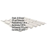 Pfannenblech Grauweiß RAL 9002 mit eingeblendeten Eckdaten zu Material, Stärke, Beschichtung und Garantie