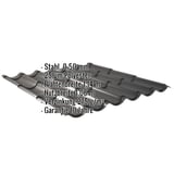 Pfannenblech 2/1060 Tiefschwarz, Stahl 0,50 mm, mit eingeblendeten technischen Daten und Garantiehinweis