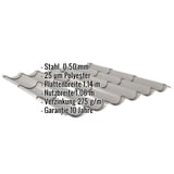 Pfannenblech Graualuminium mit eingeblendeten Eckdaten: Stahl 0,50 mm, 25 µm Polyester, Plattenbreite 1,14 m, Nutzbreite