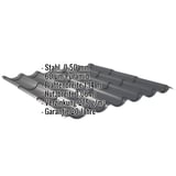 Pfannenblech 2/1060 Anthrazitgrau mit eingeblendeten Eckdaten: Stahl, 0,50 mm, 60 µm Puramid, Plattenbreite, Nutzbreite,