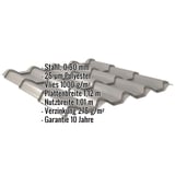Pfannenblech EUROPA Graualuminium mit eingeblendeten Eckdaten zu Material, Staerke, Beschichtung und Massen