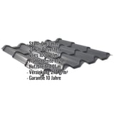 Pfannenblech EUROPA Anthrazitgrau mit eingeblendeten Eckdaten wie Stahl 0,63 mm, 25 µm Polyester und Vlies 1000 g/m²