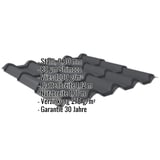 Pfannenblech EUROPA Anthrazitgrau mit eingeblendeten Eckdaten wie Stahl, 0,50 mm, 80 µm Shimoco, Vlies 1000 g/m²