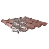 Pfannenblech EUROPA rotbraun, 0,70 mm Aluminium, mit eingeblendeten Eckdaten zu Material und Massen