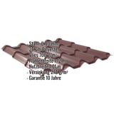 Pfannenblech EUROPA weinrot, Stahl 0,50 mm, mit eingeblendeten technischen Daten und Vlies 700 g/m²