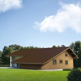 Haus mit Dach aus Pfannenblech EUROPA Sepiabraun (RAL 8014), Verlegung am Dach