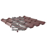 Pfannenblech EUROPA weinrot, 0,50 mm Stahl, 25 µm Polyester Beschichtung, mit eingeblendeten Eckdaten