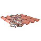 Pfannenblech EUROPA kupferbraun, Stahl 0,50 mm, 25 µm Polyester, mit eingeblendeten Eckdaten