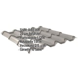 Pfannenblech EUROPA Graualuminium, 0,50 mm, mit eingeblendeten technischen Daten und Garantie