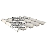 Pfannenblech EUROPA Weißaluminium, 0,70 mm, mit Eckdaten Aluminium, 25 µm Polyester, Plattenbreite, Nutzbreite, Garantie