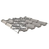 Pfannenblech EUROPA Graualuminium, 0,70 mm, mit eingeblendeten Eckdaten zu Material, Beschichtung und Massen
