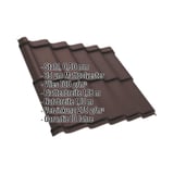 Pfannenblech Szafir 350/15 schokoladenbraun mit Mattpolyester-Beschichtung und eingeblendeten Produktdaten