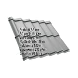 Pfannenblech Szafir 350/15 in Weißaluminium, schräg von oben mit eingeblendeten technischen Daten