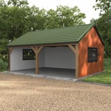 Verlegung des Pfannenblechs Szafir 350/15 Resedagrün auf einem Carport mit Holzkonstruktion