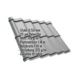 Pfannenblech Szafir 350/15 Weißaluminium, 0,50 mm Stahl, mit eingeblendeten Eckdaten und Garantiehinweis
