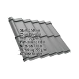 Pfannenblech Szafir 350/15, Graualuminium RAL 9007, mit eingeblendeten technischen Eckdaten