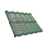 Pfannenblech Szafir 350/15 Moosgrün, 0,50 mm Stahl, mit eingeblendeten Eckdaten