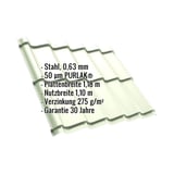 Pfannenblech Szafir 350/15 in Grauweiß (RAL 9002) mit eingeblendeten Eckdaten zu Material, Stärke und Beschichtung
