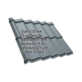 Pfannenblech Szafir 350/15 Fehgrau mit eingeblendeten Eckdaten zu Material, Staerke, Breite und Garantie
