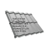 Pfannenblech Szafir 350/15, Weißaluminium, mit eingeblendeten Eckdaten zu Material, Stärke und Beschichtung