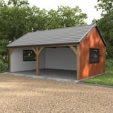 Carport mit Anbau und Dach aus Pfannenblech Szafir 350/15 in Weißaluminium, Holzkonstruktion