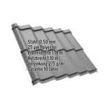 Pfannenblech Szafir 350/15 Graualuminium mit eingeblendeten Eckdaten zu Material, Staerke und Beschichtung