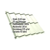 Pfannenblech Szafir 350/15, Grauweiß RAL 9002, mit eingeblendeten technischen Daten