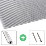 Polycarbonat Doppelstegplatte 10 mm klar, Hauptansicht mit Zubehoer wie Schrauben und Profil
