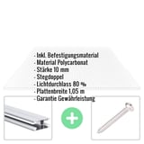 Polycarbonat Doppelstegplatte 10 mm, klar, mit eingeblendeten Eckdaten und Befestigungsmaterial