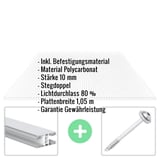 Polycarbonat Doppelstegplatte 10 mm klar, mit eingeblendeten Eckdaten und Befestigungsmaterial