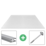 Polycarbonat Doppelstegplatte 10 mm klar, Hauptansicht mit Befestigungsprofil und Schraube