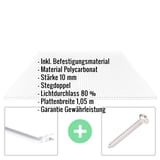 Polycarbonat Doppelstegplatte 10 mm klar mit eingeblendeten Eckdaten und Befestigungsmaterial
