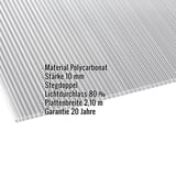 Polycarbonat Doppelstegplatte 10 mm klar, schräg von oben mit eingeblendeten Eckdaten