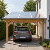 Polycarbonat Doppelstegplatte 10 mm, klar, als Carportdach über einem Auto, von vorne