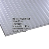 Polycarbonat Doppelstegplatte 16 mm Graphit, mit eingeblendeten Eckdaten zu Material, Stärke und Lichtdurchlass