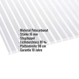 Polycarbonat Doppelstegplatte 16 mm klar, mit eingeblendeten Eckdaten zu Material, Stärke, Lichtdurchlass und Garantie
