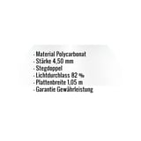 Polycarbonat Doppelstegplatte klar, 4,5 mm, mit eingeblendeten Eckdaten zu Material, Stärke und Lichtdurchlass
