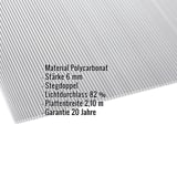 Polycarbonat Doppelstegplatte 6 mm klar mit eingeblendeten Eckdaten zu Material, Stärke, Lichtdurchlass und Garantie
