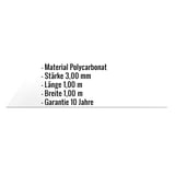 Infografik: Polycarbonat Massivplatte 3 mm, Material, Stärke, Länge, Breite und Garantie als Text eingeblendet