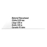 Infografik: Polycarbonat Massivplatte 8 mm, klar, mit Material- und Massangaben