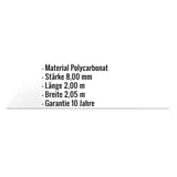 Polycarbonat Massivplatte 8 mm, klar, mit eingeblendeten Eckdaten zu Material, Stärke, Länge, Breite und Garantie