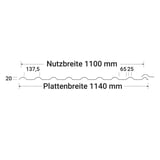Technische Zeichnung Polycarbonat Spundwandplatte, Profil mit Nutzbreite 1100 mm und Plattenbreite 1140 mm